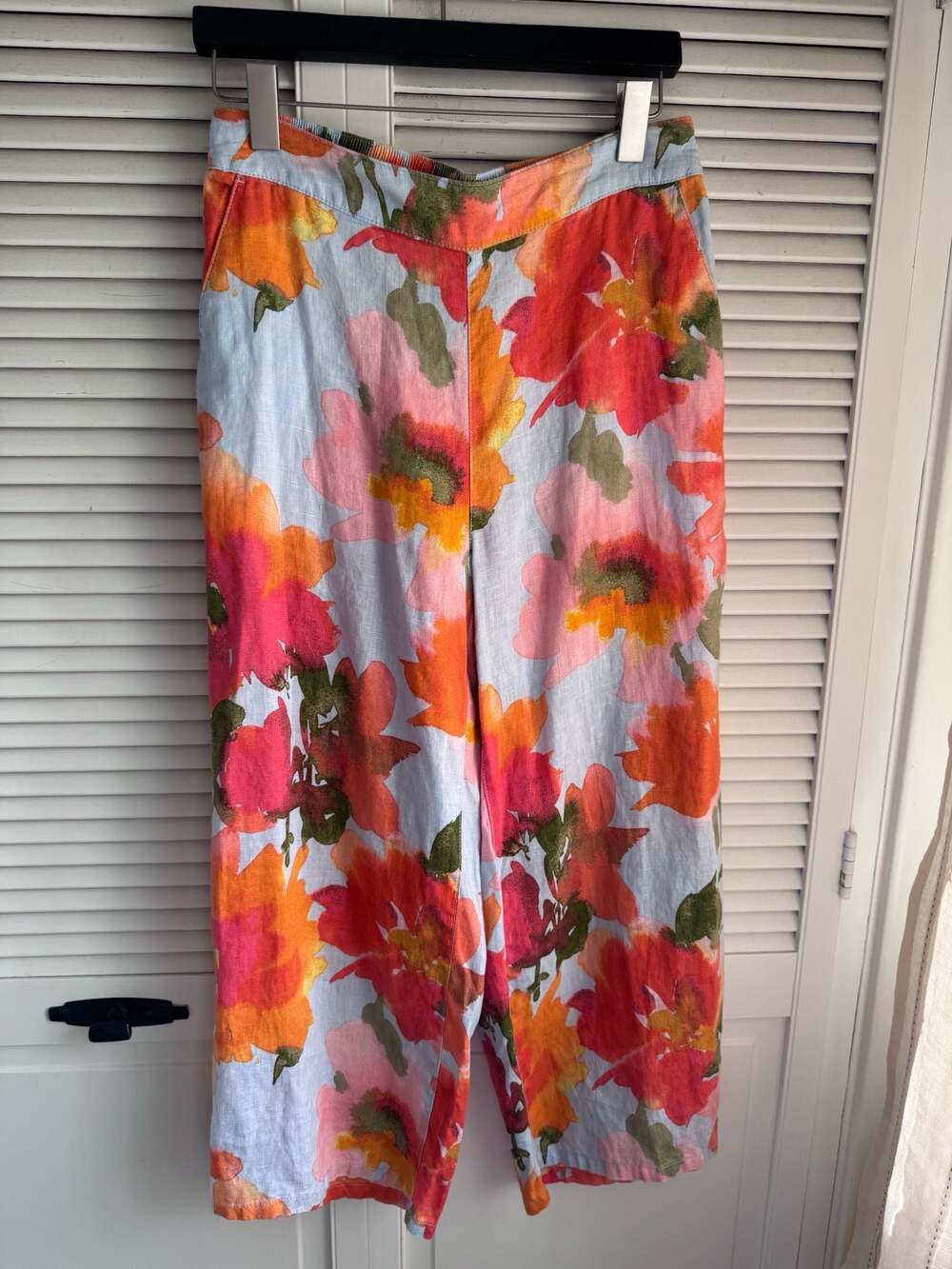 Joie Floral Wide Leg 100% Linen Cropped Pants Size M